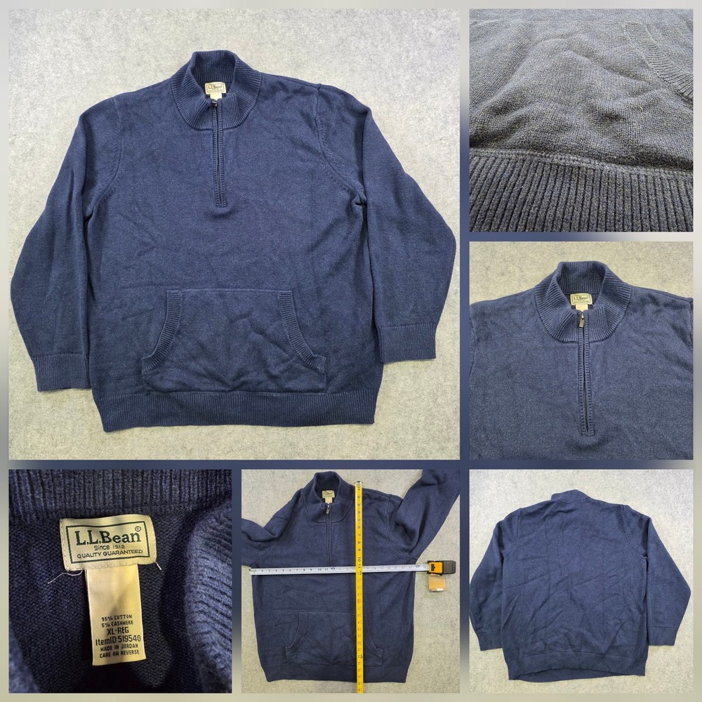 LL Bean Wicked Soft Sweater Mens XL Blue Cotton Cashmere 1/4 Zip Pullover 519540